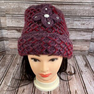 Handmade Purple Burgundy Women Flower Soft Crocheted Beanie Hat USA NEW